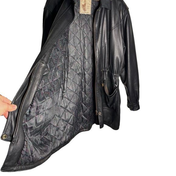 Vintage Echtes Leder Leather Jacket Black Knee Length Cinched Waist Size XL - Picture 8 of 13